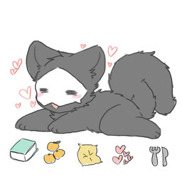 ambiguous_gender anthro black_body black_fur blush book cutlery daww food fork fruit fur happy heart_symbol kitchen_utensils knife lying narrowed_eyes on_front open_mouth plant simple_background solo tangerine_(fruit) tools white_background chano changed_(video_game) puro_(changed) canid canine canis mammal wolf 1:1