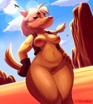 anthro areola big_breasts blonde_hair bodily_fluids breasts cliff clothing curvy_figure day desert detailed_background female fingerless_gloves fur genitals gloves hair handwear inviting leather leather_clothing leather_topwear leather_vest looking_at_viewer mostly_nude navel nipples outside pear-shaped_figure pubes pussy smug smug_face solo standing sweat topwear vest wide_hips yellow_body yellow_fur okasaira ty_the_tasmanian_tiger_(series) shazza_the_dingo canid canine canis dingo mammal absurd_res hi_res