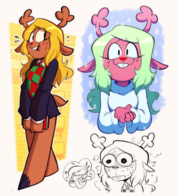 anthro antlers black_bottomwear black_clothing black_hooves black_skirt blonde_hair blush blush_lines bodily_fluids book bottomwear breath brown_body brown_fur buckteeth checkered checkered_clothing checkered_shirt checkered_topwear clasped_hands closed_smile clothed clothed_anthro clothed_female clothing cloven_hooves daydream dress duo eyebrows female female_anthro fingers flustered freckled_face freckles fully_clothed fully_clothed_anthro fully_clothed_female fur hair holding_book holding_object hooves horn long_ears long_hair looking_aside looking_at_viewer love mouth_closed open_mouth open_smile panting pattern_clothing pattern_shirt pattern_topwear picking_nose red_nose scut_tail shirt short_tail simple_background skirt smile solo_focus sweat sweatdrop tail teeth thought_bubble topwear white_clothing white_dress pest0sauce deltarune undertale_(series) noelle_holiday susie_(deltarune) deer mammal new_world_deer reindeer reptile scalie hi_res