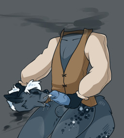 anthro autofellatio balls black_hair blue_penis bodily_fluids bottomless clothed clothing cum detachable detachable_head detached_oral genital_fluids genitals glans green_clothing green_shirt green_topwear grey_background grey_body hair headless holding_head holding_own_head humanoid_genitalia humanoid_penis male markings masturbation modular multicolored_hair oral oral_masturbation penile penile_masturbation penis shirt simple_background sitting solo spots spotted_markings tongue tongue_out topwear white_hair pancak3 european_mythology irish_mythology mythology alexander_(xelaaredn) canid canine canis dullahan mammal wolf 2012