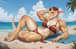 abs anthro beach big_biceps bikini breasts brown_hair clothing cloud dominant dominant_female female hair horn looking_at_viewer muscular muscular_female navel non-mammal_breasts non-mammal_navel pose red_eyes sand seaside sky solo swimwear tail thick_thighs tribal two-piece_swimsuit nansti velda kobold scalie pinup