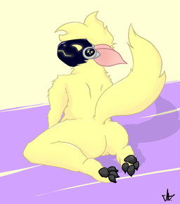 4_toes anthro barefoot butt claws feet female fur genitals hair headgear looking_at_viewer machine nude pawpads paws protogen_visor screen screen_face simple_background sitting smile solo toes vulva yellow_body yellow_eyes yellow_fur ethangalaxy seiunichi mammal protogen hi_res