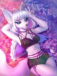 anthro black_clothing black_nose blue_eyes clothing female flower fur gesture hand_gesture plant smile solo v_sign youth_roses alice_destiny arctic_fox canid canine fox mammal true_fox absurd_res hi_res