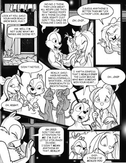 anthro bomber_jacket breasts buckteeth clenched_teeth clothing dialogue dress duo facepalm female fluffy fluffy_chest hair heartbreak long_hair looking_down male sleeping teeth text touching_hair wince chris_fischer chip_'n_dale_rescue_rangers disney chip_(disney) gadget_hackwrench chipmunk ground_squirrel human mammal mouse murid murine rodent sciurid comic english_text hi_res