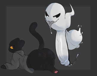 anthro anus balls big_balls big_penis black_body black_fur bodily_fluids butt clothed clothing dripping duo erection foreskin fur genital_fluids genitals heart_eyes heart_symbol huge_balls huge_penis humanoid_genitalia humanoid_penis hyper hyper_balls hyper_genitalia hyper_penis leaking_precum male male/male partially_clothed penile penis precum precum_drip simple_background tail tongue tongue_out pochiiwa google google_doodle magic_cat_academy momo_(google) domestic_cat felid feline felis ghost mammal spirit