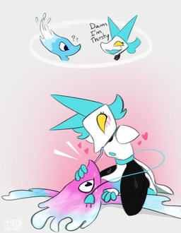 anthro blush dominant dominant_female drinking drinking_straw duo female female/female female_pred machine on_top text vore water muffinlicious deltarune undertale_(series) miss_mizzle tasque_manager darkner elemental_creature felid feline mammal mizzle_(deltarune) robot water_creature hi_res