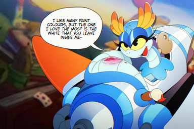 aircraft airplane apode blue_body bodily_fluids clothing duo female feral genitals legless nude serpentine smile tail text vehicle vulva juanp1arts acecraft naomi_(acecraft) draconcopode mammal naga reptile scalie snake absurd_res english_text hi_res
