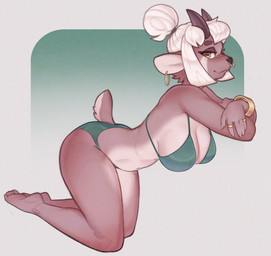 2_horns 5_fingers anthro big_breasts bikini black_horn bracelet breasts clothed clothed_anthro clothed_female clothing digit_ring ear_piercing ear_ring eyebrows eyelashes facial_piercing feet female female_anthro finger_ring fingers fur hair hair_bun hanging_breasts horizontal_pupils horn humanoid_feet humanoid_hands jewelry looking_at_viewer medium_breasts nose_piercing nose_ring piercing plantigrade pupils ring_piercing scut_tail short_tail side_view smile solo swimwear tail tan_body tan_fur teal_bikini teal_clothing teal_swimwear two-piece_swimsuit white_hair yellow_eyes ribbongrove anya_(ribbongrove) bovid caprine goat mammal hi_res