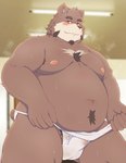 anthro asian_clothing belly blush bodily_fluids brown_body bulge clothing east_asian_clothing fundoshi humanoid_hands japanese_clothing kemono male moobs nipples overweight overweight_male solo sweat underwear white_clothing white_fundoshi white_underwear ibuki_haruno bear mammal 2022 hi_res