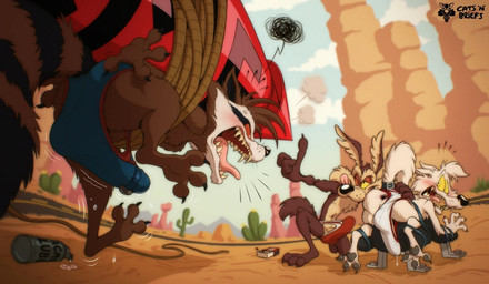 3_toes 4_fingers angry anthro anthro_on_anthro anus arm_tuft athletic athletic_anthro athletic_male backsack ball_tuft balls barefoot bdsm belly bent_down bent_legs bent_over big_tail biped black_eyes black_finger_claws black_nose black_stripes black_toe_claws blue_sky bodily_fluids bondage bottle bound brown_body brown_fur bulge butt butt_grab butt_tuft cactus calf_tuft canyon captured chaos cheek_tuft chest_tuft claws clothed clothing clothing_aside clothing_pull cloud cloudy_sky container crouching curling_tail desert dominant dominant_male dripping ears_back elbow_tuft erection erection_under_clothing eyebrows facial_markings facial_tuft fangs feet finger_claws fingers fluffy fluffy_chest fluffy_tail fur fuse genital_fluids genitals gesture glance glancing_back grey_pawpads grin group hand_gesture hand_on_butt hand_on_underwear head_markings head_tuft helpless humanoid_feet humanoid_hands humanoid_heel humor knee_tuft knee_up kneeling leaking leaking_precum leg_tuft licking licking_lips lines_drawn logo looking_at_viewer looking_back male male/male markings mask_(marking) matchbox matchstick mischievous mischievous_smile multicolored_body multicolored_fur navel on_one_knee one_eye_closed one_eye_half-closed open_mouth outside pawpads paws pecs penile penis peril pink_anus pivoted_ears plant plantigrade precum precum_drip raised_eyebrows raised_finger raised_heel raised_index_finger raised_tail red_clothing red_eyes red_sclera red_underwear restraints ring_(marking) ringed_eyes ringed_tail rocket rope rope_bondage scared screaming sex_toy shadow shaking shaking_legs sharp_teeth shoulder_tuft skinny skinny_anthro skinny_male sky slim slim_anthro slim_male smile smiling_at_another smirking_at_another smug smug_expression smug_face smug_grin soles spiral spread_anus spread_butt spread_toes spreading strapped_to_a_rocket striped_markings striped_tail stripes submissive submissive_male tail tail_markings tan_belly tan_body tan_eyebrows tan_fur teal_clothing teal_underwear teeth tenting text throbbing throbbing_penis tiptoes toe_claws toes tongue tongue_out toony topless topless_anthro topless_male trio tuft two_tone_body two_tone_fur underwear underwear_aside underwear_only underwear_pull vibrator vibrator_on_penis whisker_spots whiskers white_body white_clothing white_fur white_underwear wide_eyed wink winking_at_another yelling yelling_at_another yellow_sclera catsnbriefs acme acme_products guardians_of_the_galaxy looney_tunes marvel warner_brothers rocket_raccoon wile_e._coyote ziggy_(wolfbard) canid canine canis coyote mammal procyonid raccoon wolf 2026 artist_logo artist_name colored crossover digital_drawing_(artwork) digital_media_(artwork) shaded