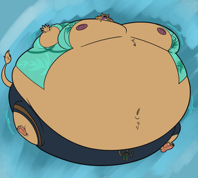 aloha_shirt anthro belly big_belly blue_background blue_bottomwear blue_clothing blue_shirt blue_shorts blue_topwear body_inflation bottomwear clothing eyewear footwear fur hair huge_belly hyper hyper_belly inflation long_hair male moobs motion_lines navel nipples pattern_clothing pattern_shirt pattern_topwear pecs pink_nipples sandals shirt shoes shorts simple_background solo sunglasses tan_body tan_fur topwear astonkitkat epic_games fortnite kingston_(fortnite) felid lion mammal pantherine hi_res