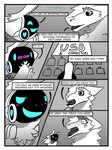 2021 3:4 anthro blush border comic dialogue duo electronics ellipsis english_text fur grey_background heart_symbol hearter_(heartermobs) heartermobs hi_res humor machine open_mouth protogen sergal simple_background size_difference speech_bubble spot_color teeth text tongue usb white_border