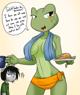 5_fingers abstract_background anthro bedroom_eyes black_eyes black_hair blue_towel bodily_fluids bread breasts clothed clothing coffee_mug croissant dialogue duo eyelashes facial_scar female fingers food fur green_body green_clothing green_shirt green_skin green_t-shirt green_topwear grey_body grey_fur hair looking_at_viewer male medium_breasts multicolored_body multicolored_skin narrowed_eyes navel open_mouth open_smile orange_towel pastry question_mark scar seductive shirt shoulder_scar skimpy small_waist smile sweat sweatdrop t-shirt talking_to_viewer text topless topless_anthro topless_female topwear towel towel_only two_tone_body two_tone_skin whiskers yellow_eyes sandwich-anomaly amelia_(sandwich-anomaly) van_(sandwich-anomaly) amphibian domestic_cat felid feline felis frog mammal 2021 digital_drawing_(artwork) digital_media_(artwork) english_text french_text