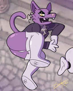 anthro big_butt boots bulge butt clothing fangs footwear fur gloves handwear legwear lying lying_on_ground male on_ground on_side presenting presenting_hindquarters purple_body purple_fur sharp_teeth shoes smile smiling_at_viewer solo stairs tail teeth thick_thighs thigh_boots thigh_highs tongue underwear white_boots white_clothing white_footwear white_gloves white_handwear white_underwear yellow_eyes lilith-ko pocketcat_(fear_&_hunger) domestic_cat felid feline felis mammal absurd_res hi_res
