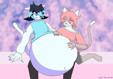 ambiguous_gender anthro belly belly_rub big_belly bloated duo embarrassed feederism feeding_partner full_stomach huge_belly hyper hyper_belly male romantic romantic_couple stuffing weight_gain v-draws-ad star_(v-draws-ad) winter_(v-draws-ad) domestic_cat felid feline felis mammal 2025 hi_res