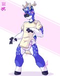 anthro antlers blue_body blue_fur blush clean_diaper clothed clothing diaper diaper_under_clothing diaper_under_onesie embarrassed fur grey_body grey_fur hooves horn male onesie open_onesie pink_background simple_background solo standing wearing_diaper wetness_indicator white_background white_body white_fur lilchu deer mammal 4:5 hi_res