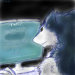 blank_expression blue_body blue_fur computer computer_keyboard electronics fur internet monitor rear_view solo white_body white_fur 3starguy sergal 1:1 2011 digital_media_(artwork) low_res oekaki