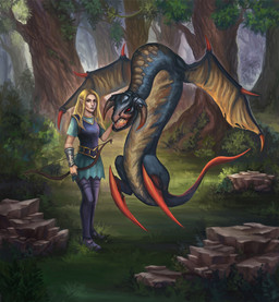 2_horns ambiguous_feral ambiguous_gender armor bow_(weapon) braided_hair claws clothed clothed_female clothed_humanoid clothing countershading duo empty_eyes female feral flying forest fully_clothed fully_clothed_female fully_clothed_humanoid grass green_body green_scales hair horn humanoid_pointy_ears membrane_(anatomy) membranous_wings outside plant pointy_ears ranged_weapon red_eyes rock scales sharp_teeth slim_feral standing teeth tree weapon wing_claws wings yellow_body yellow_countershading yellow_wings evivan european_mythology mythology sacred_(video_game) sacred_(video_game_series) thq_nordic maegalcarwen dragon elf humanoid mythological_creature mythological_scalie scalie western_dragon wood_elf wyvern 2018 absurd_res digital_media_(artwork) hi_res