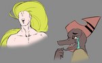 anthro blonde_hair bodily_fluids crying duo featureless_face hair humor long_hair male muscular muscular_male open_mouth scar tears ather_os cavemanon_studios snoot_game anon_(snoot_game) ripley_(snoot_game) dinosaur human mammal prehistoric_species pterodactylus pterosaur reptile scalie