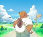 anthro bottomwear brown_body brown_fur clothing cloud detailed_background fur hat headgear headwear humanoid_hands kemono male outside overweight overweight_male pants shirt solo topwear furipon bear mammal 2023