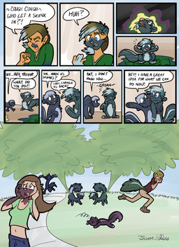 ambiguous_gender dialogue duo female feral forced forced_transformation fur fur_growth grass group growth human_to_feral male musk panicking pathway plant public public_transformation running shrinking size_transformation skunk_spray smelly species_transformation speech_bubble spraying transformation trevor-fox human mammal mephitid skunk comic hi_res