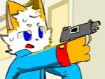 blue_clothing blue_eyes clothing gun handgun inside male orange_ear orange_paws ranged_weapon solo weapon borka_artist canid canine fox mammal 4:3