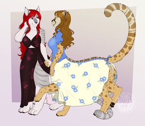 5_fingers accessory black_nose bow_ribbon brown_hair clothed clothing dress duo eyebrows eyelashes female female/female fingers fur furgonomics grey_body grey_fur hair hand_holding red_eyes red_hair ribbons smile tail tail_accessory tail_bow tail_ribbon thecatnamedfish felid feline leopard mammal pantherine taur 2021 absurd_res digital_media_(artwork) hi_res