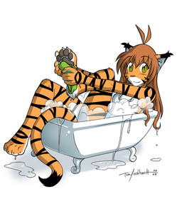 anthro bath bathing bathtub black_pawpads blush brown_hair bubble bubble_bath casual_nudity chest_tuft claw_foot_bathtub claws countershading digitigrade ear_tuft feet female fur hair hindpaw long_hair looking_at_viewer multicolored_body multicolored_fur nude one_leg_up orange_body orange_fur pawpads paws raised_leg simple_background solo striped_body striped_fur stripes tail tuft washcloth water white_background white_body white_fur yellow_eyes conditional_dnp tom_fischbach twokinds flora_(twokinds) felid keidran mammal pantherine tiger 2009 colored digital_media_(artwork) sketchbook_(artwork)