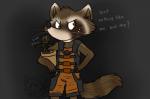 4_fingers anthro brown_body brown_fur clothed clothing fingers fur male plant simple_background solo text whiskers kittystarpaw guardians_of_the_galaxy marvel groot rocket_raccoon elemental_creature flora_colossus flora_fauna mammal procyonid raccoon english_text portrait three-quarter_portrait