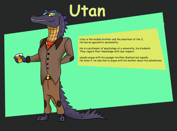 anthro blue_eyes bottomwear clothing container cup drinking_glass glass glass_container glass_cup male necktie pants purple_body solo suit tail text tibbs utan_(tibbs) crocodile crocodilian reptile scalie english_text hi_res model_sheet