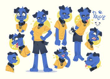 3_toes anthro black_collar black_nose blue_body blue_fur bottomwear clothing cocky collar emanata feet floppy_ears frown fur grey_body grey_bottomwear grey_clothing grey_fur grey_shorts grin half-closed_eyes hand_on_face heart_symbol male motion_lines multiple_expressions multiple_poses narrowed_eyes nervous pose shirt shorts simple_background smile smirk smug solo spiral spiral_eyes surprised tail tail_motion tailwag toes tongue tongue_out topwear white_background yellow_background yellow_clothing yellow_shirt yellow_topwear dalueart dalue_(dalueart) canid canine canis domestic_dog mammal absurd_res hi_res model_sheet