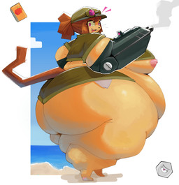 beach belly big_belly big_breasts big_butt breasts brown_hair butt clothed clothing cloud cute_fangs emanata fangs fat_legs fat_rolls female fur gun_arm hair hat headgear headwear huge_butt juice_box looking_at_viewer morbidly_obese morbidly_obese_female nipples obese obese_female open_mouth open_smile outside overweight overweight_female pink_eyes pupils smile smoke square_pupils standing tan_body tan_fur teeth weapon_arm whiskers kamisoriga gameoverse glitch_productions kaboodle_(gameoverse) kit_bodega domestic_cat felid feline felis mammal 2026 absurd_res hi_res