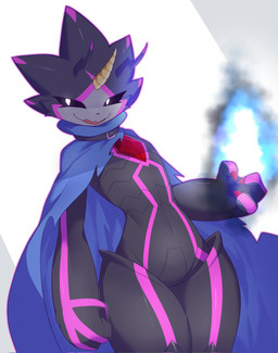 anthro black_body black_sclera blue_fire cape claws clothing colored_fire elemental_manipulation fire fire_manipulation horn male slim small_waist solo shiro_foxy bandai_namco digimon digimon_ghost_game digimon_(species) gulusgammamon scalie hi_res