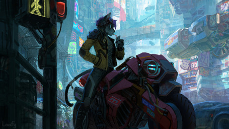 ambiguous_gender anthro bandage bandaged_tail biker biker_jacket city city_background cityscape detailed_background drinking_straw eyewear eyewear_on_head fur goggles goggles_on_head hair highlights_(coloring) juice_carton looking_aside motorcycle purple_highlights science_fiction solo tail vehicle lofi felid feline mammal 2026 digital_media_(artwork) hi_res signature