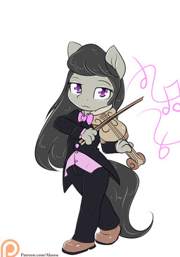anthro anthrofied black_hair bow_(feature) bow_(stringed_instrument) bow_tie bowed_string_instrument chibi clothing female hair holding_object long_hair musical_instrument patreon_logo playing_music playing_violin purple_eyes simple_background solo string_instrument text violin website_logo white_background alasou friendship_is_magic hasbro my_little_pony patreon octavia_(mlp) earth_pony equid equine horse mammal pony 2016 hi_res url