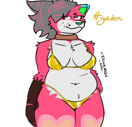 anthro belly bikini camel_toe clothing female gold_bikini overweight overweight_female slightly_chubby solo sparklefur swimwear thick_thighs two-piece_swimsuit blackmetal_bimbo faith_(tape_me_up) absurd_res hi_res