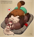 anthro bed belly big_belly brown_body brown_fur butt clothing duo fur furniture heart_symbol humanoid_hands kemono lying male male/male moobs nipples overweight overweight_male underwear 96panda lifewonders tokyo_afterschool_summoners goemon_(tas) canid canine mammal raccoon_dog tanuki 2021 hi_res