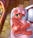 2018 accessory bedding bedroom_eyes blanket blush bow_ribbon brick_floor butt cutie_mark detailed_background equid equine fan_character feathered_wings feathers featureless_crotch female female_feral feral fire fireplace green_eyes hair hair_accessory hair_bow hair_ribbon hasbro hi_res high-angle_view hooves inside light lighting long_hair looking_at_viewer looking_up lying mammal my_little_pony mythological_creature mythological_equine mythology narrowed_eyes on_side pegasus pestil pillow pink_hair raised_leg ribbons scarlet_dawn seductive side_view smile solo underhoof wings