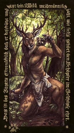 anthro antlers areola arrow_(weapon) bottomwear bow_(weapon) brown_areola brown_nipples clothing cross cross_necklace detailed_background fingers forest holding_object holding_weapon hooved_fingers hooves horn hunter jewelry loincloth male nature necklace nipples outside pecs plant quiver_(object) ranged_weapon slim slim_male solo text tree weapon wood blotch jägermeister deer mammal german_text translated
