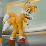 2_tails 3d_(artwork) anthro butt canid canine digital_media_(artwork) fox gesture hand_gesture hi_res leaning leaning_forward looking_at_viewer looking_back male mammal miles_prower multi_tail pointing sega solo sonic_the_hedgehog_(series) tail tiptoes twintails3d