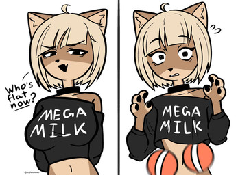 anthro before_and_after clothing crop_top fake_breasts female flat_chested midriff shirt simple_background smug solo text text_on_clothing text_on_shirt text_on_topwear topwear white_background dogfailureowo mega_milk hana_(dogfailureowo) canid canine canis domestic_dog mammal english_text hi_res meme
