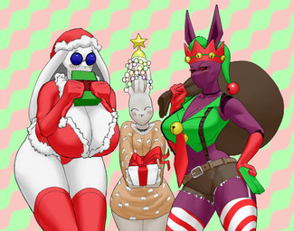 anthro big_breasts biped blush breasts christmas_clothing christmas_headwear clothing costume curvy_figure deep_cleavage elf_costume eyewear female gift glasses group hat headgear headwear holidays huge_breasts leggings legwear machine pattern_clothing pattern_legwear santa_costume santa_hat striped_clothing striped_legwear stripes thick_thighs trio ugly_sweater voluptuous wide_hips realius christmas breech_(tabunnie) champagne_(tabunnie) juno_(tabunnie) android lagomorph leporid mammal rabbit robot hi_res