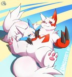 3_toes ambiguous_gender anthro barefoot belly big_belly blue_body blue_eyes blue_fur claws duo featureless_crotch feet fluffy fluffy_tail fur looking_at_viewer markings pawpads red_eyes red_markings slightly_chubby smile tail text toes white_body white_fur risenpaw nintendo pokemon pokemon-specific_day zangoose_day generation_3_pokemon pokemon_(species) shiny_pokemon zangoose english_text hi_res