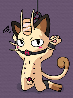 6_nipples animal_genitalia animal_penis ball_gag balls bdsm black_ears blush blush_lines bondage bound brown_inner_ear brown_markings brown_paws brown_tail_tip chastity_cage chastity_device cuff_(restraint) cute_fangs dipstick_tail emanata fangs frustrated frustration_cloud fully_sheathed fur gag genitals kneeling looking_at_viewer male markings multi_nipple nipples nude pawpads paws penis raised_arms restraints semi-anthro sheath simple_background solo spreader_bar suspension tail tail_markings tan_body tan_fur teeth three-quarter_view whiskers pixel_vibri nintendo pokemon team_rocket meowth_(team_rocket) generation_1_pokemon meowth pokemon_(species) 2026 aliasing digital_media_(artwork) hi_res