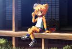 anthro biped child clothing collar detailed_background domestic_cat felid feline felis food fruit fur hair kemono kemorate looking_at_viewer male mammal melon open_mouth plant red_eyes sitting smile solo watermelon watermelon_slice young young_anthro