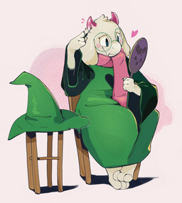 3_toes anthro barefoot black_clothing blush clothed clothing eyewear feet fur fur_tuft glasses green_clothing green_hat green_headwear green_robe hat head_tuft headgear headwear heart_symbol holding_object horn monotone_scarf painting_(object) pink_horn pink_scarf robe round_glasses scarf sitting solo toes tuft white_body white_fur wide_sleeves wizard_hat psydoux deltarune undertale_(series) ralsei bovid caprine darkner goat mammal 2021 full-length_portrait hi_res portrait