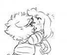 4:3 ambiguous_gender anthro asriel_dreemurr black_and_white blush bodily_fluids boss_monster_(undertale) bovid caprine clothed clothing digital_media_(artwork) duo frisk_(undertale) fur hair hi_res human human_on_anthro interspecies kissing love male male/ambiguous mammal monochrome sketch surprise sweat thedeterminedchild undertale undertale_(series)