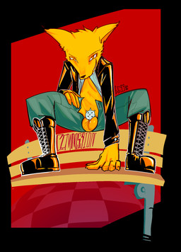 anthro ball_squish balls bench boots chastity_cage chastity_device clothed clothing clothing_lift footwear genitals leather leather_clothing male no_underwear presenting public public_exposure shirt shirt_lift shoes smug solo squish topwear bbgg_(artist) night_in_the_woods gregg_lee canid canine fox mammal hi_res