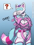 ambiguous_gender anthro arms_tied bdsm blue_background blue_body blue_fur bondage bound click dialogue encasement fur gradient_background lock locked_in long_tail muzzle_(object) muzzled pink_body pink_fur question_mark restraints sensory_deprivation sensory_deprivation_hood simple_background solo sound_effects speech_bubble straitjacket straps_across_chest submissive tail text uncomfortable_pose white_body white_fur kemira rachybluefox canid canine fox mammal 2021 3:4 artist_name hi_res pictographics url