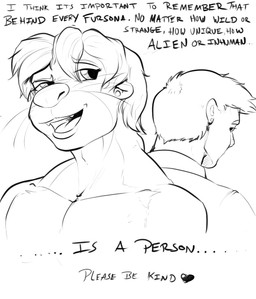 anthro back_to_back dialogue duo ear_piercing hair heart_symbol looking_back male open_mouth piercing simple_background standing teeth text tongue whiskers pandottermon human mammal mustelid otter black_and_white english_text hi_res monochrome